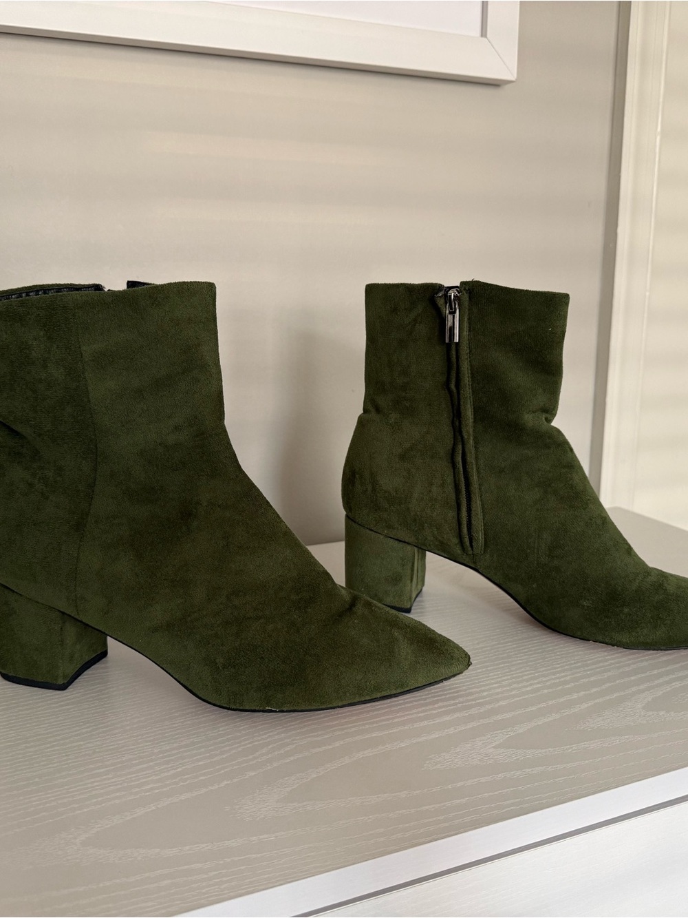 Olive Green Suede Ankle Boots - Women's Block Heel Booties